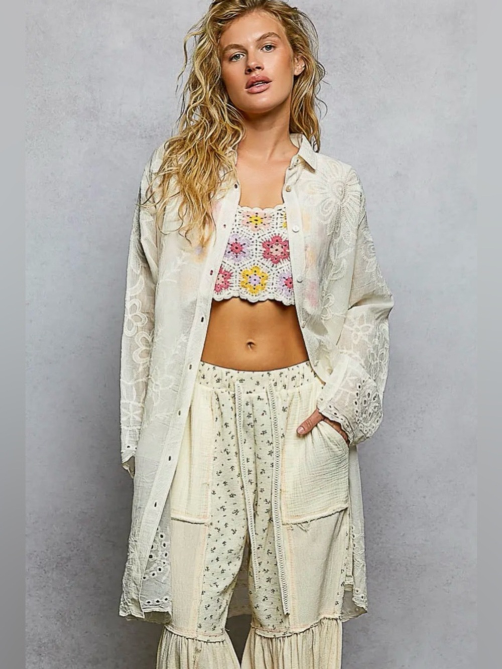 Boho Crochet Floral Crop Top and Lace Button-Front Coverup - Cream